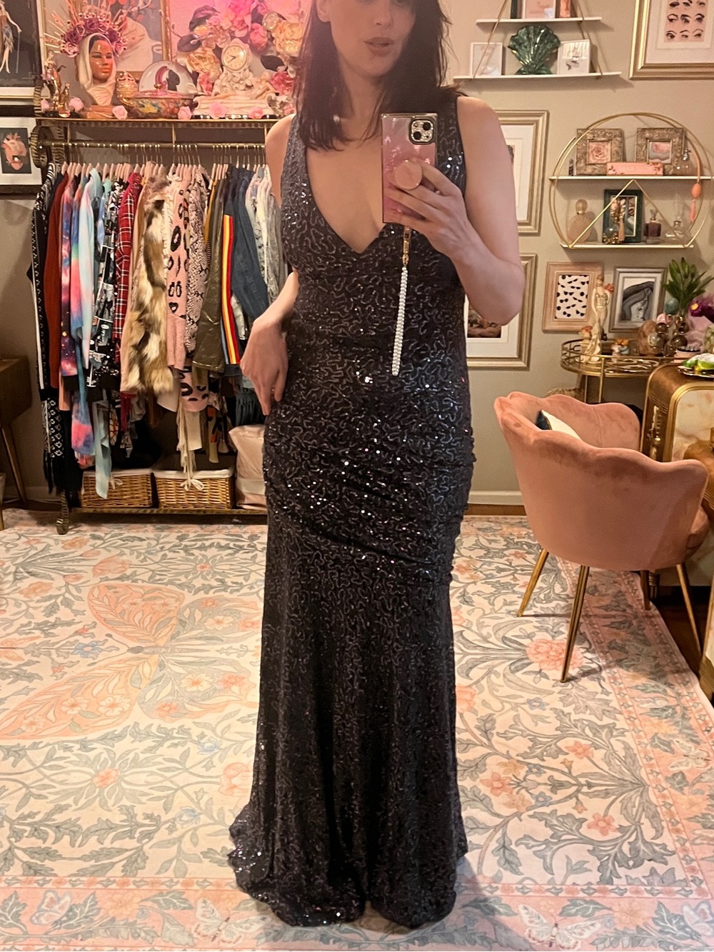 Dark Navy Calvin Klein Sequined V-Neck Evening Gown